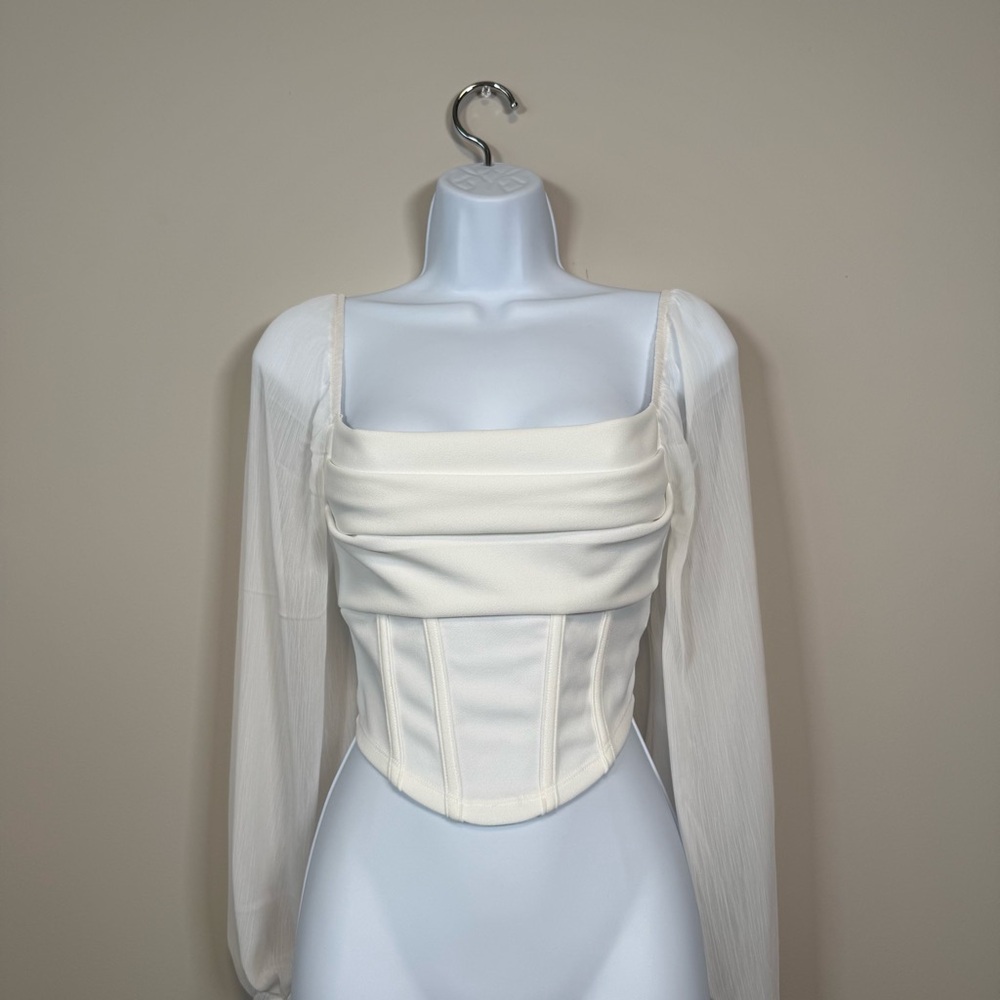 Elegant White Corset Top with Sheer Sleeves